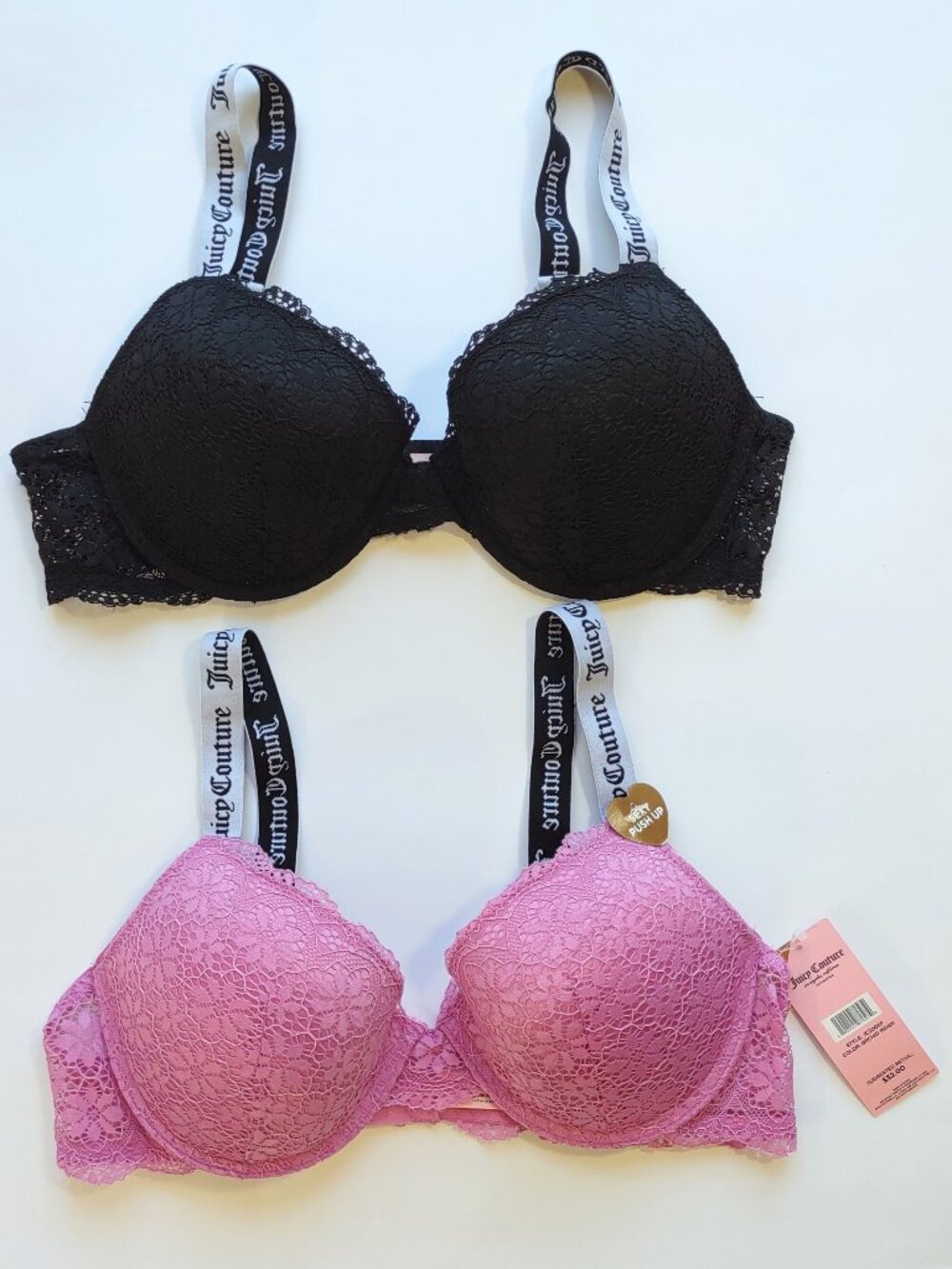 2 Juicy Couture Lace Sexy Push Up Bras Logo Straps Size 38C Orchid Pink & Black